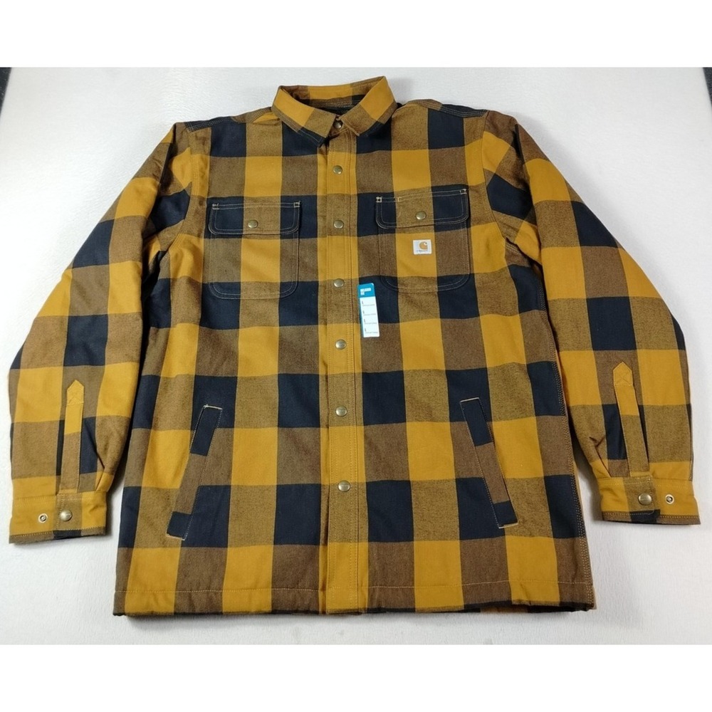 Carhartt Jacket Mens Large Yellow Plaid Sherpa Lined Flannel Shirt Jac TJ4452-M